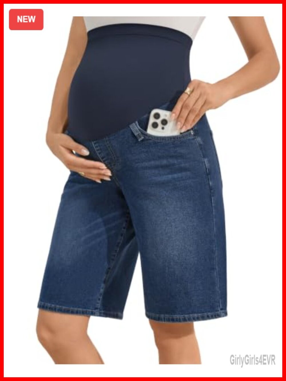 Maternity Denim Bermuda Shorts Over The Belly Wide Leg Knee Length Pockets